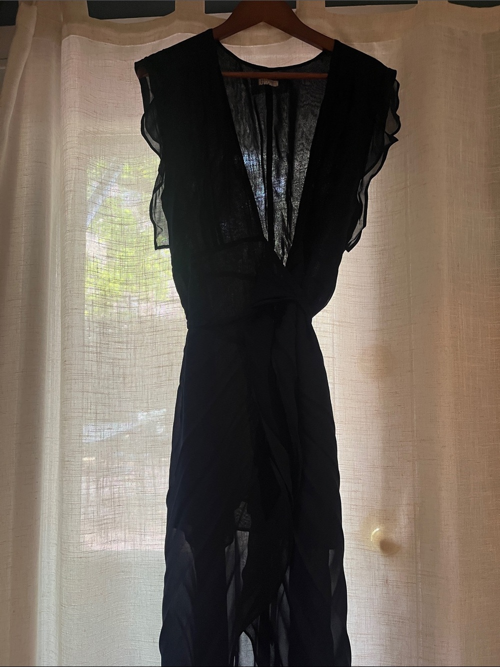 Reformation Navy Sheer Midi Dress with Ruffle Sleeves